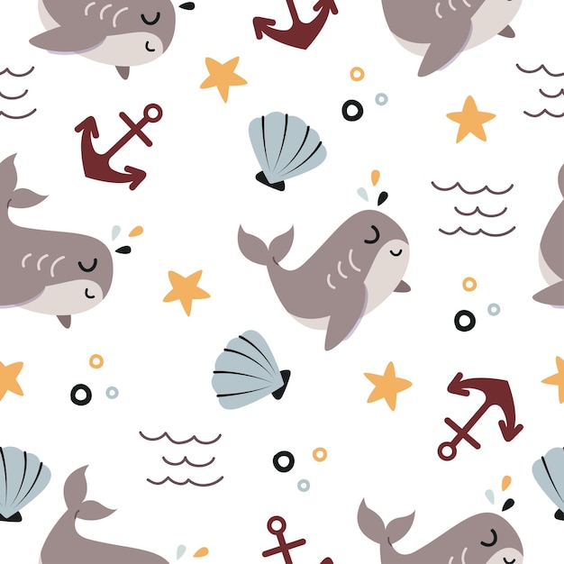 Vector seamless pattern of cute whale cartoon in ocean