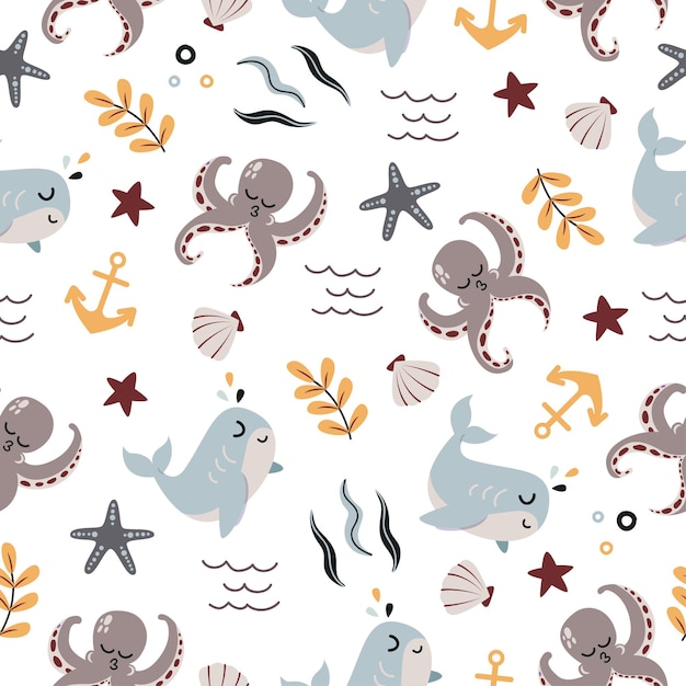 Seamless pattern of cute whale and octopus cartoon in ocean