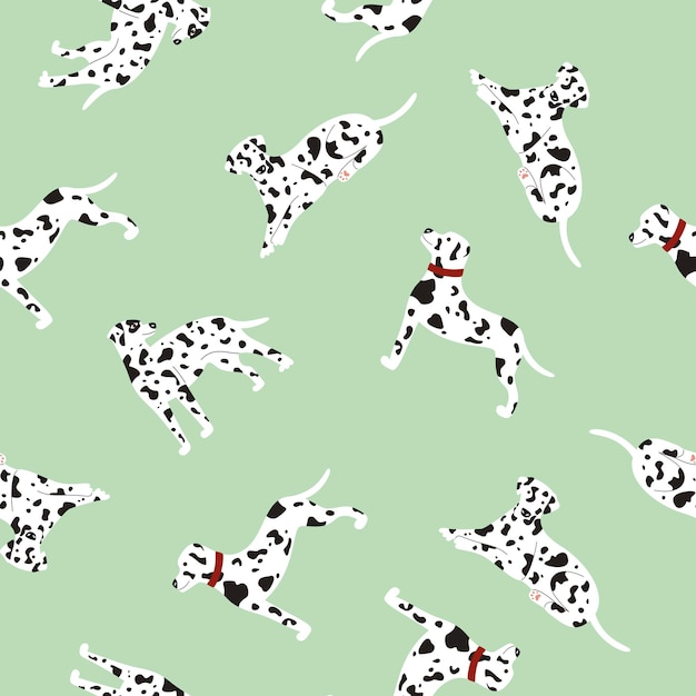 Seamless pattern of cute white spotted Dalmatian dogs on mint background. Vector fabric design.