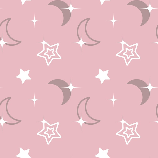 Seamless pattern cute white stars and a gray moon on a pink background