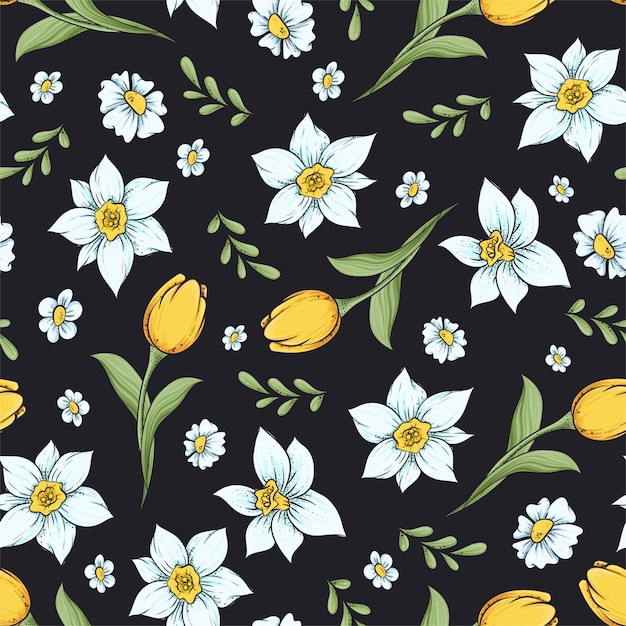 Seamless pattern daffodils. hand drawing vector illustration