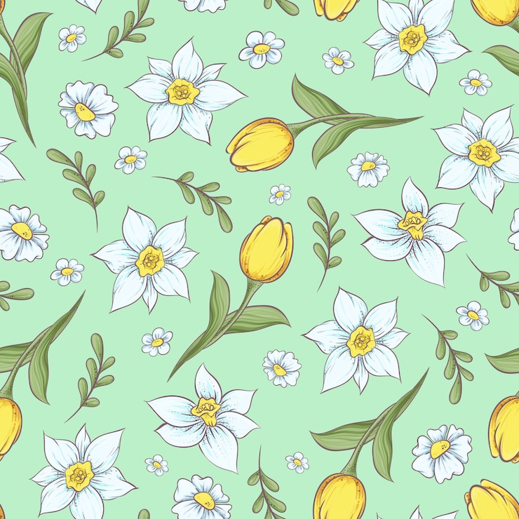 Vector seamless pattern of daffodils tulips