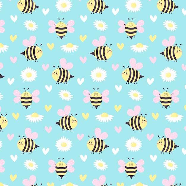 Seamless pattern of daisy flowers cartoon bees and hearts on blue background Vector illustration