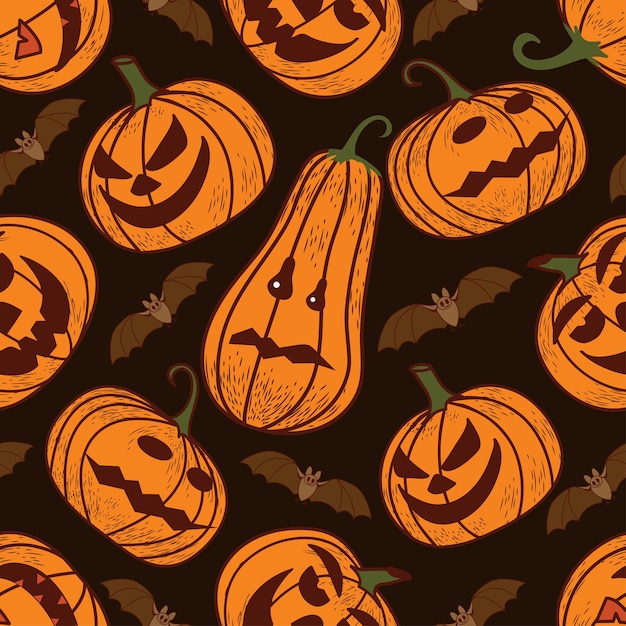 Seamless pattern on a dark background on the holiday - Halloween. Pumpkins, a Ghost, a bat. Vector illustration.