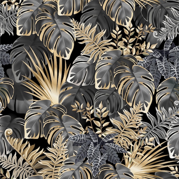 Seamless pattern dark leaves of tropic plants.