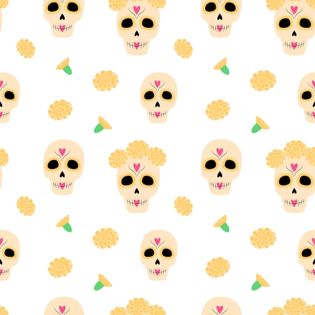 Seamless pattern to Day of the Dead from Sugar Skull and flower Dia de los muertos Mexico Isolate