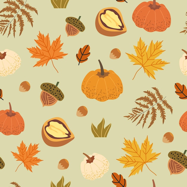 クルミ、どんぐり、カエデの葉、カボチャ、キノコ、シダなどの花の要素で飾られたシームレスなパターン。テキスタイル、ファブリック、ラッピングペーパープリントとして使用できる秋の収穫のイラスト。