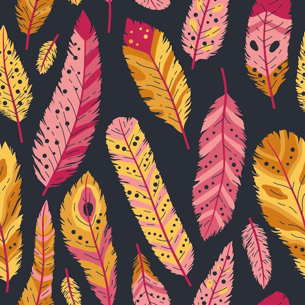 Seamless pattern of decorative colored animals tribal feathers