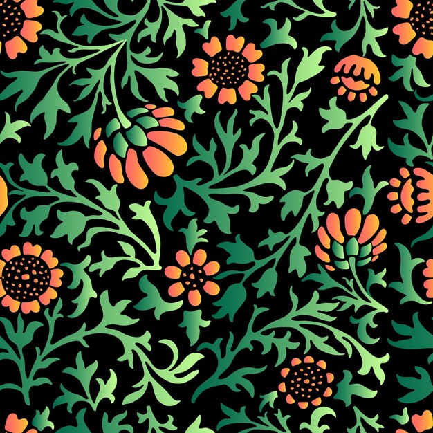 Seamless pattern of decorative floral twigs with red daisies