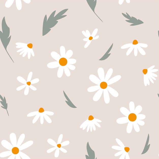 Seamless pattern of decorative flowers and chamomile leaves romantic vintage background for textile fabric decorative paper on a beige background