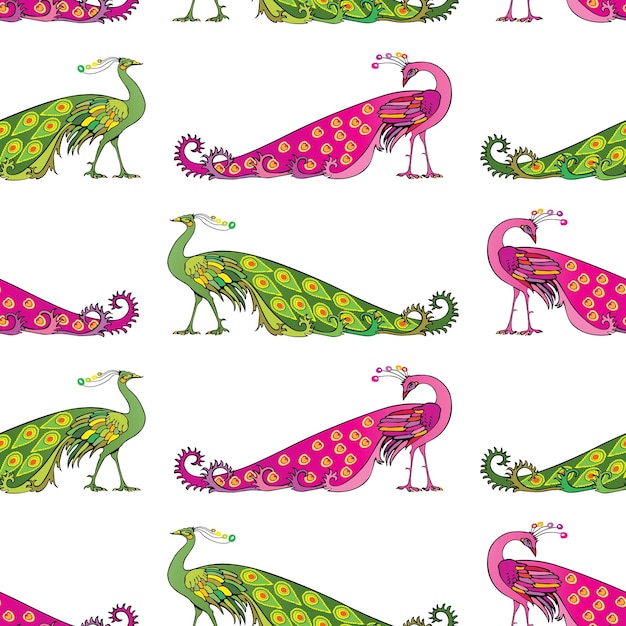 Seamless pattern of decorative green and pink peackoks