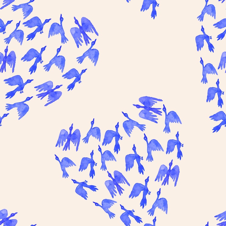 Vector waterolor図面からの装飾的なハートの形のシームレスなパターンは青い空飛ぶ鳥を抽象化します