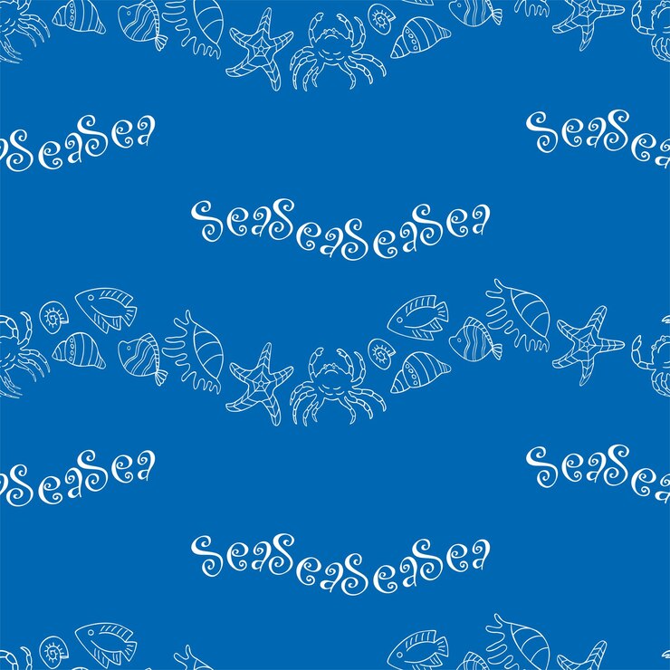 Vector seamless pattern of decorative wavy lines from outlines sea creatures and letterings