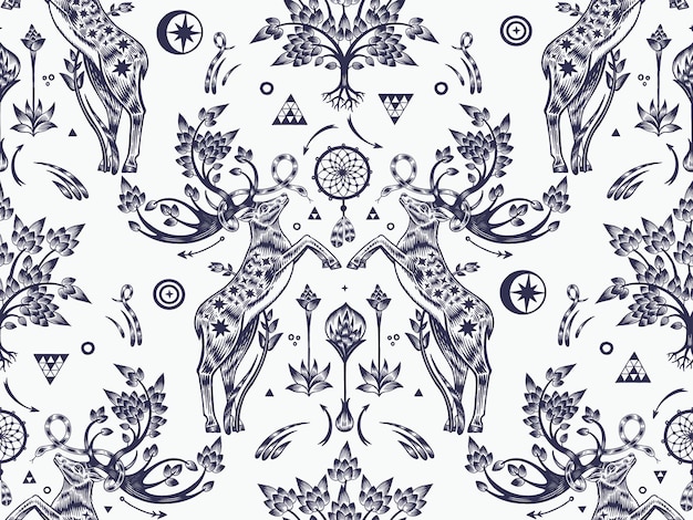 Seamless pattern Deer with sprouted antlers Black and white