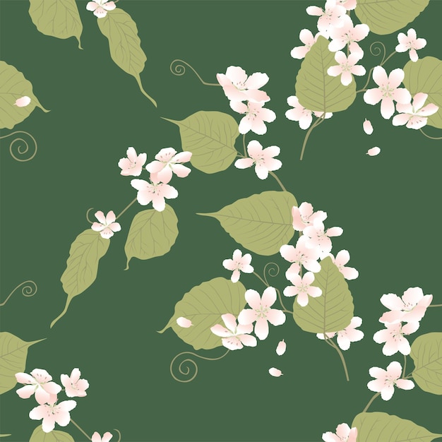 Seamless pattern of delicate blooming branch cherry tree