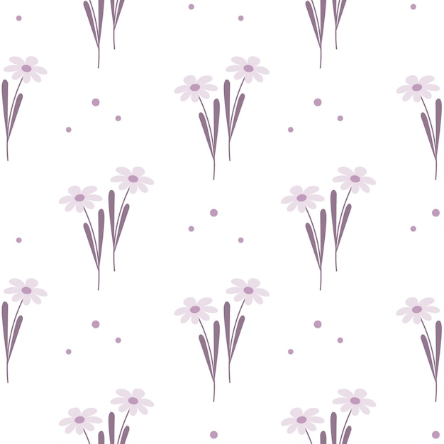 Seamless pattern, delicate lilac daisies on a white background with dots. print, background, vector