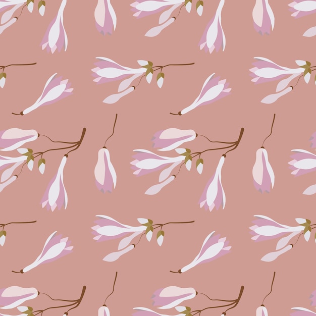 Seamless pattern of delicate magnolia flowers on a pink background Background textile print