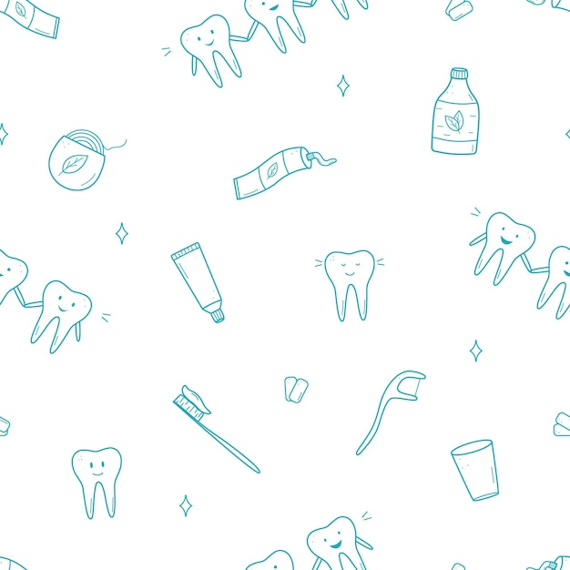 Vettore pattern senza cuciture set di icone di odontoiatria illustrazione vettoriale di elementi per il trattamento e la cura dei denti carta da parati di sfondo