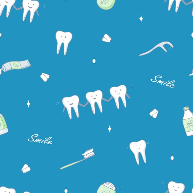 Vettore pattern senza cuciture set di icone di odontoiatria illustrazione vettoriale di elementi per il trattamento e la cura dei denti carta da parati di sfondo