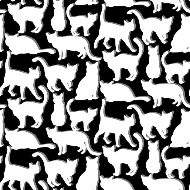 Seamless pattern depicting the outline of a white cat with a light shadow for Halloween Flat cat