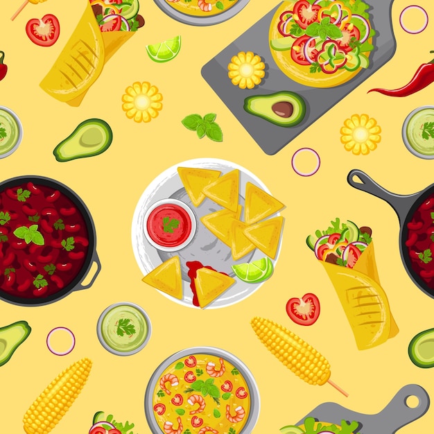 Vector seamless pattern depicting traditional mexican cuisine