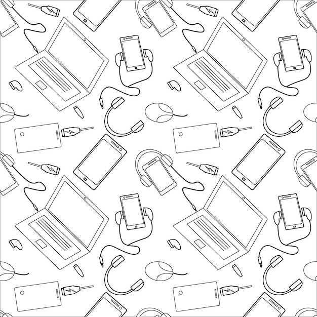 Vector seamless pattern design communication equipment cellphone laptop charger white and black texture white background modern communication technology wallpapers