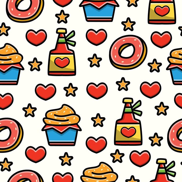 seamless pattern design of doodle cartoon dessert and cupcake