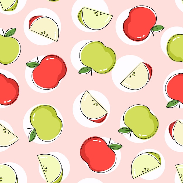 Seamless pattern design with red and green apples and apple slices. repeat tile with colorful fruits