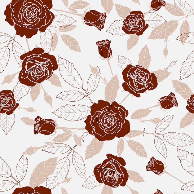 Vector seamless pattern of detailed full bloomed rose and leaves