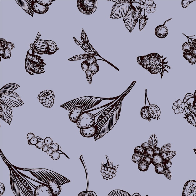 Бесшовный узор из различных ягод Летний фруктовый ягодный орнамент Ручной рисунок векторной иллюстрации Дизайн в стиле ретро гравюры для декора фона обоев