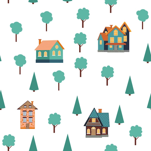 Seamless pattern of different colorful houses