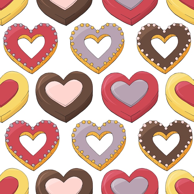 Seamless pattern of different desserts. Romantic endless texture. Hand drawn.