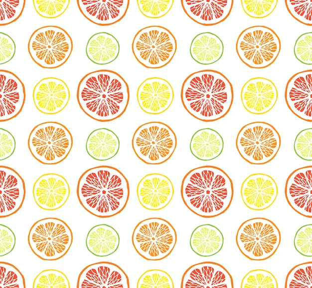 Seamless pattern of different hand drawn citrus fruit slices