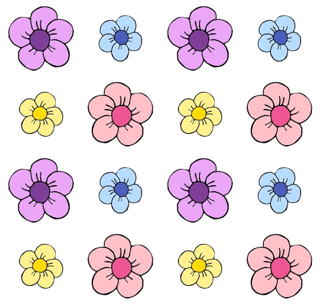 Seamless pattern of different hand drawn flowers