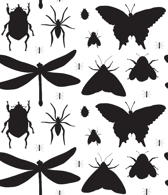 Seamless pattern of different insects silhouettes