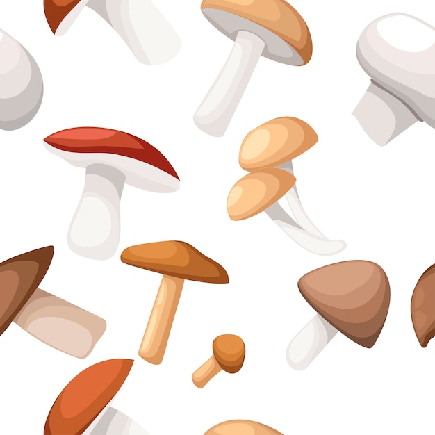 Вектор Бесшовные модели. иллюстрация различных грибов на белом фоне. плоский стиль.
