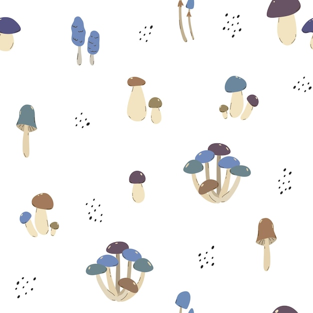 Seamless pattern of different mushrooms and specks on a white background