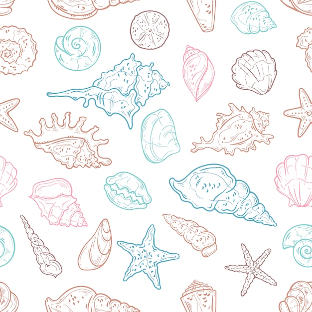 Seamless pattern of different types of seashells. Wallpaper