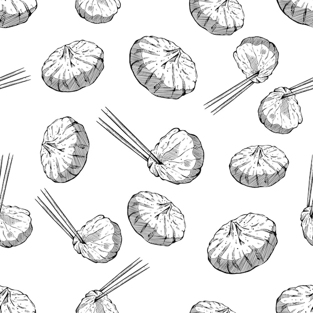 бесшовный рисунок пельменей димсам и палочек для еды с нарисованным вручную или в стиле эскизов