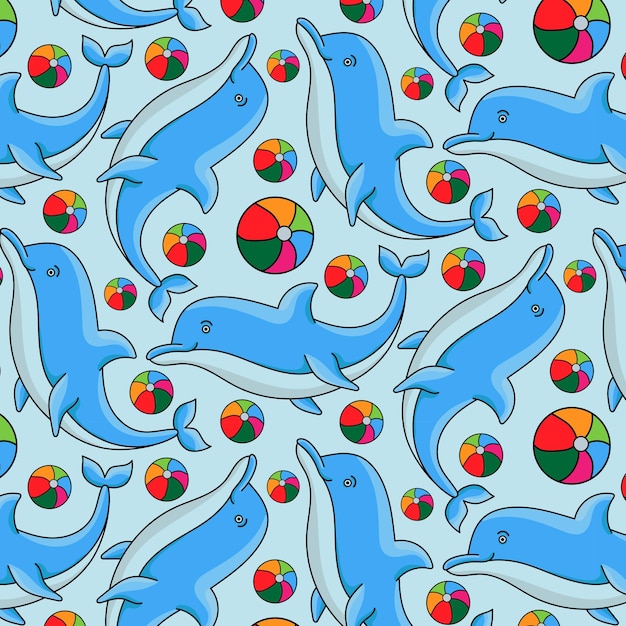 Seamless Pattern dolphins and beach balls, swim and players in dolphinarium