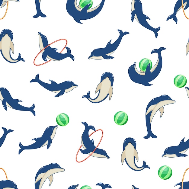 Seamless Pattern dolphins in different poses, vector illustration of marine animals. 