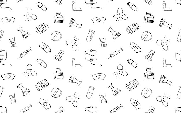 Vector seamless pattern doodle drawings medical equipment first aid items doodle seamless pattern