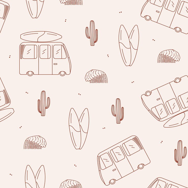 Vector seamless pattern of doodle drawings of surfboards sea waves and cacti