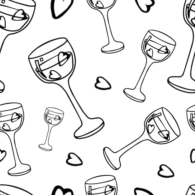 Seamless pattern doodle glass of wine with ice