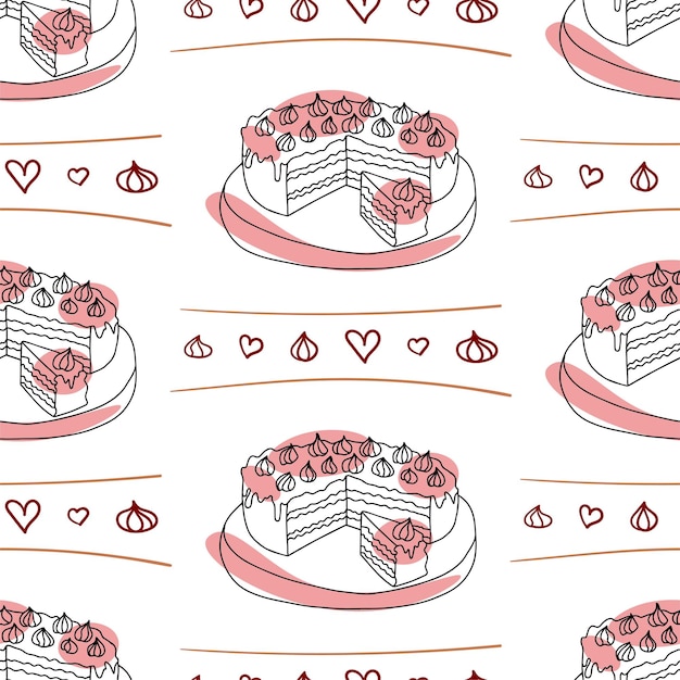 Seamless pattern doodle hand drawn cake with pink spots and red hearts