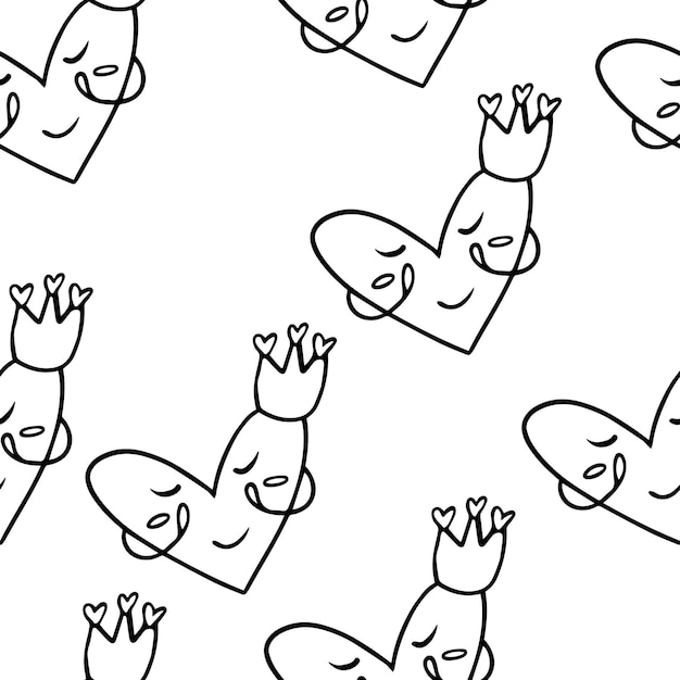 Seamless pattern Doodle heart with crown