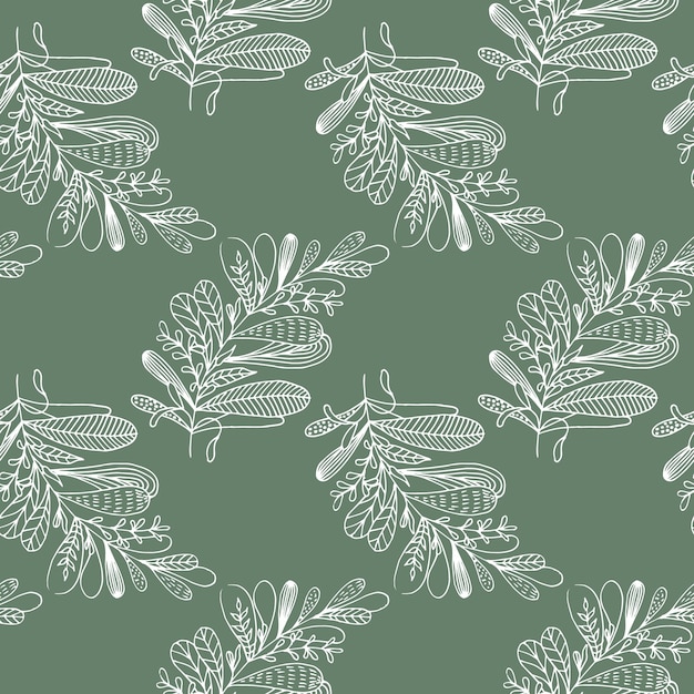 seamless pattern of doodle leaves white contour on a green background