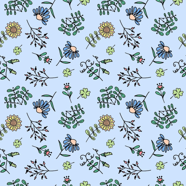 Seamless pattern doodle rustic flowers sunflower pea chamomile clover blue background