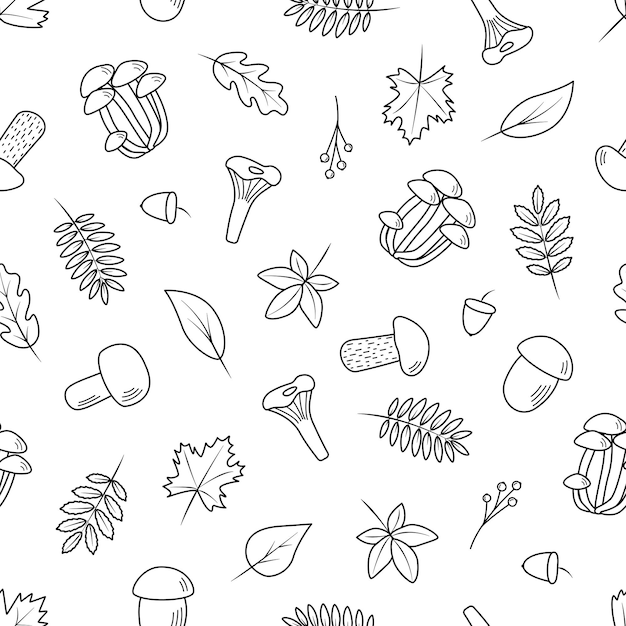 Seamless pattern Doodle set of tree leaves and mushrooms autumn concept vector illustration