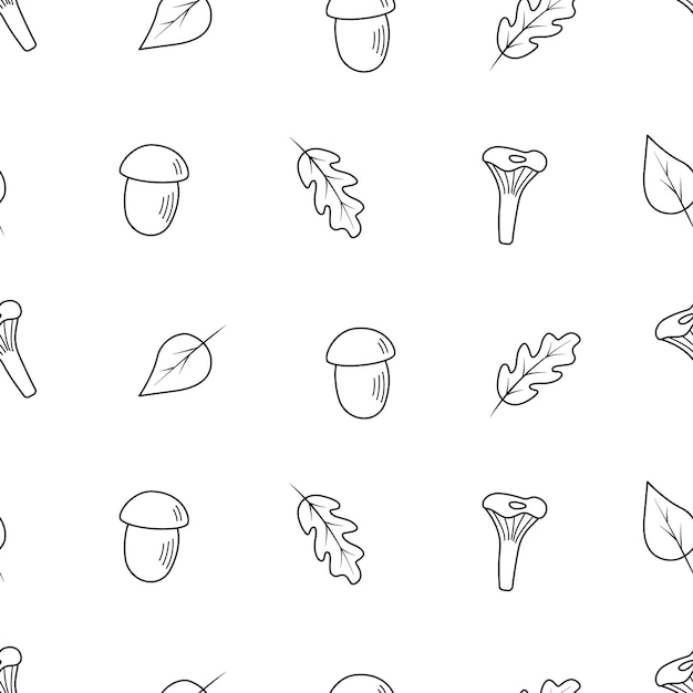 Seamless pattern doodle set of tree leaves and mushrooms autumn concept vector illustration